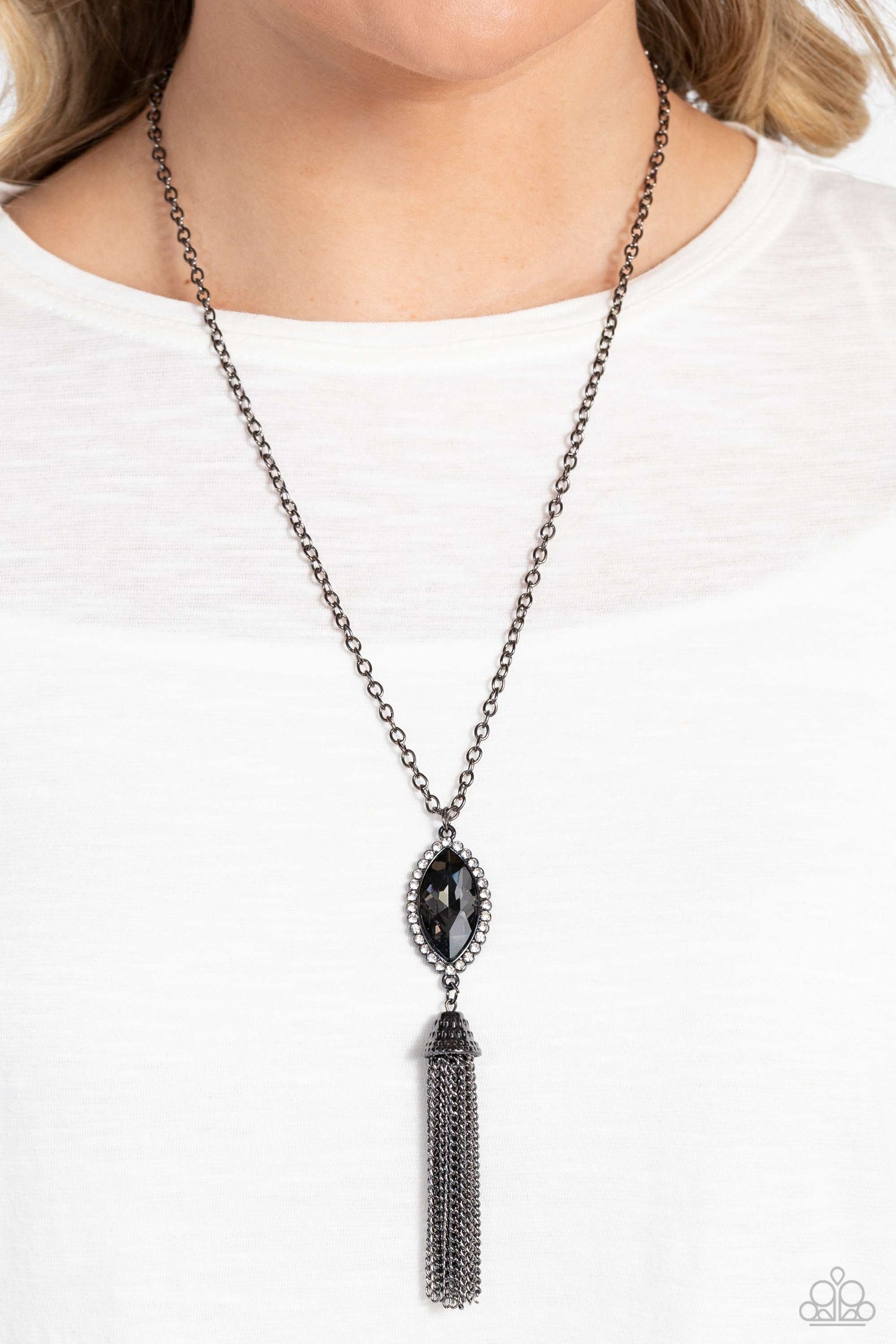 Tassel Tabloid Necklace - Silver w/Black