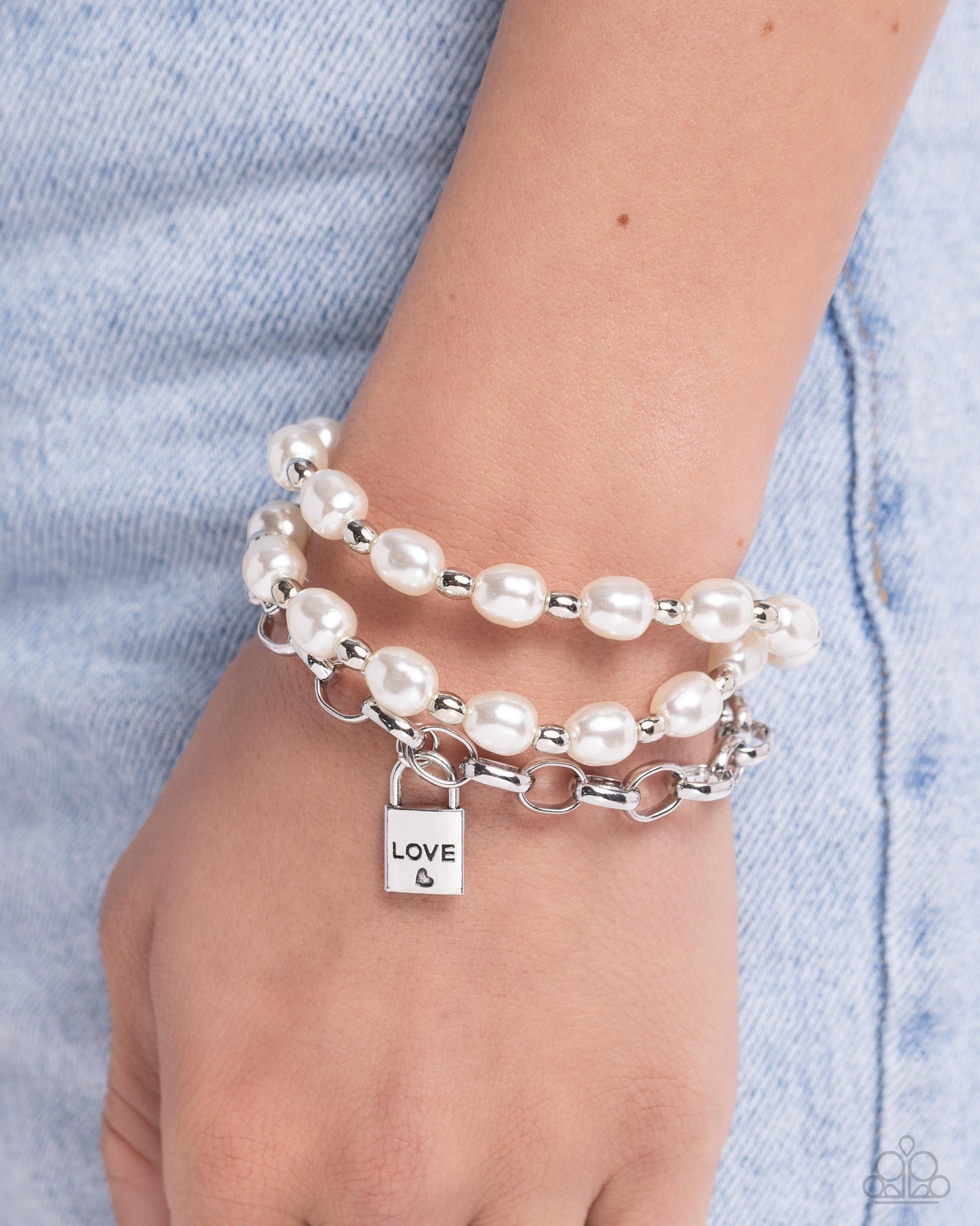 LOVE-Locked Legacy - Silver w/White Pearly Beads Bracelet
