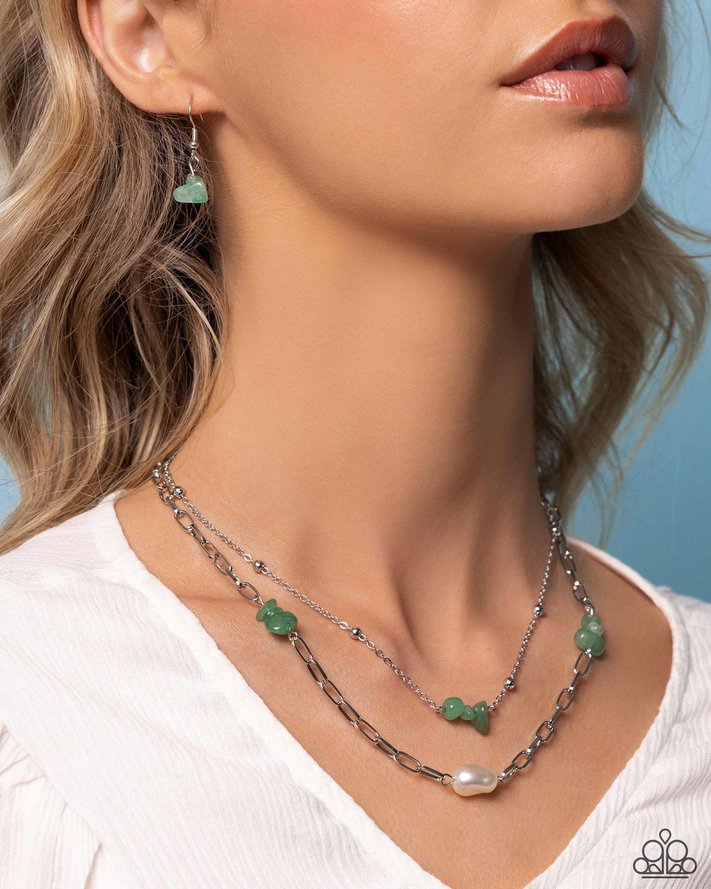 Santa Fe Surprise - Silver w/Green & White Pearl Necklace