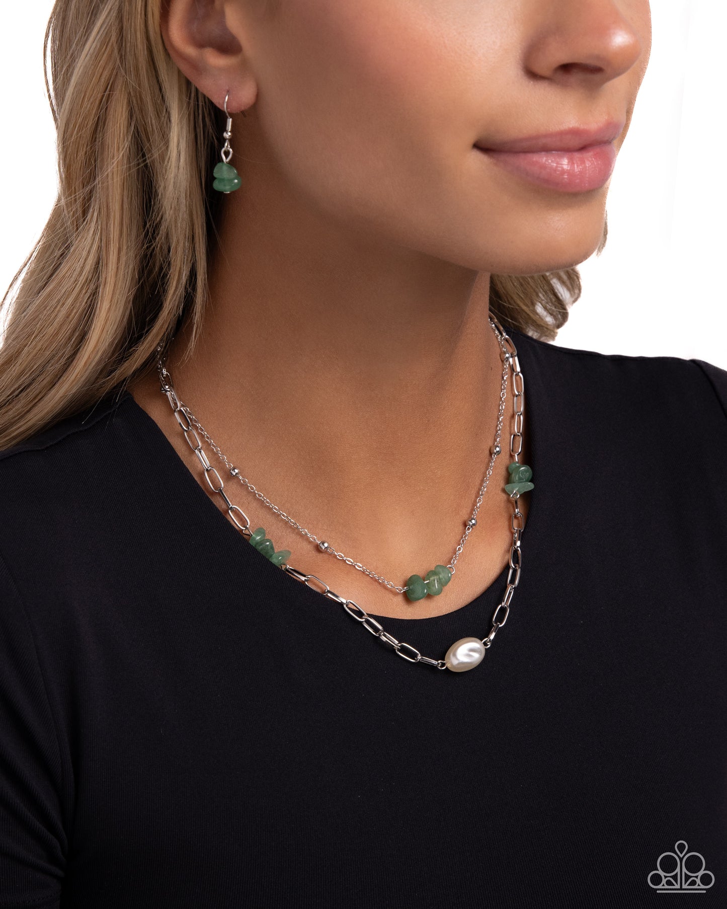 Santa Fe Surprise - Silver w/Green & White Pearl Necklace