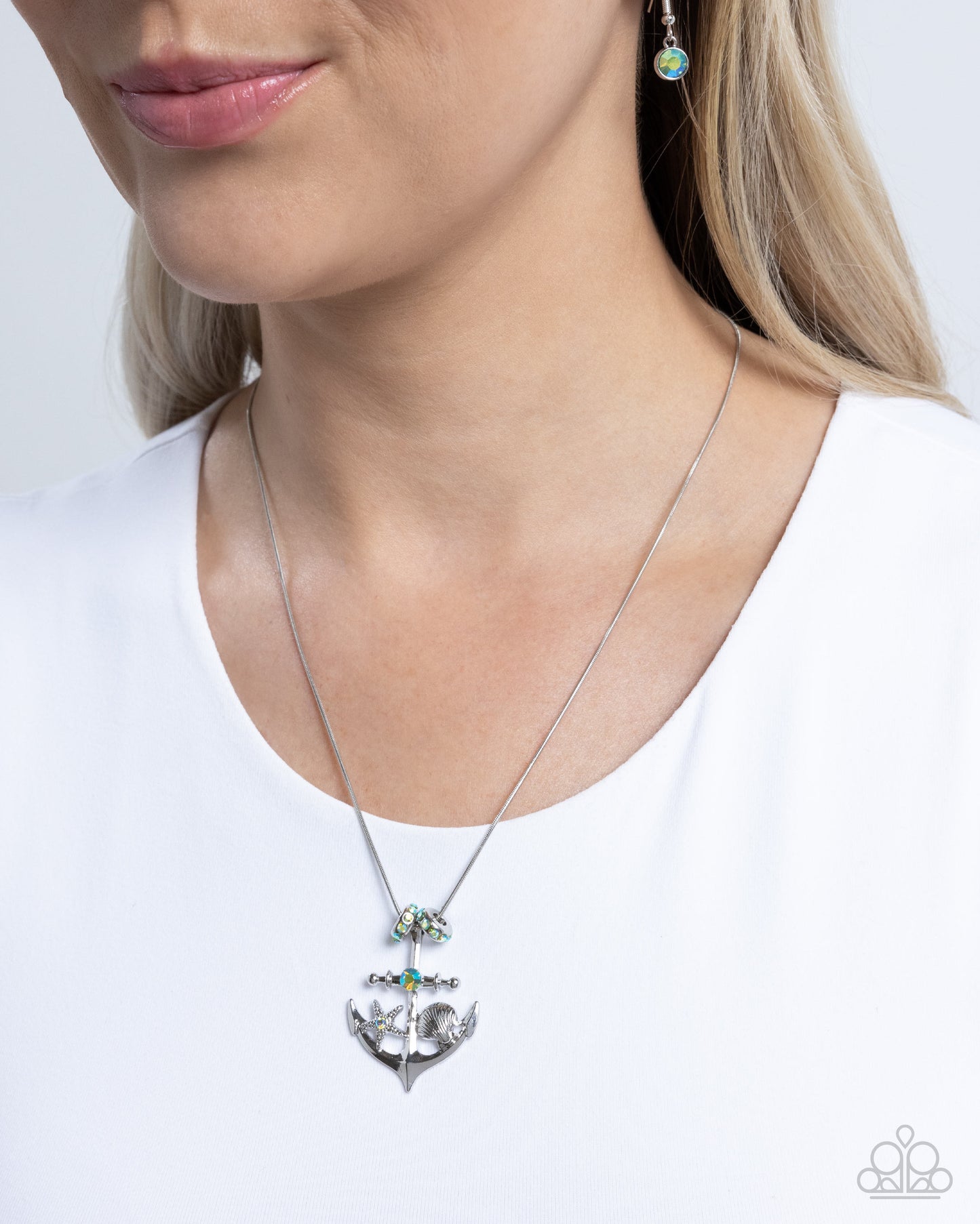 Anchored Accent - Silver w/Green Anchor Necklace