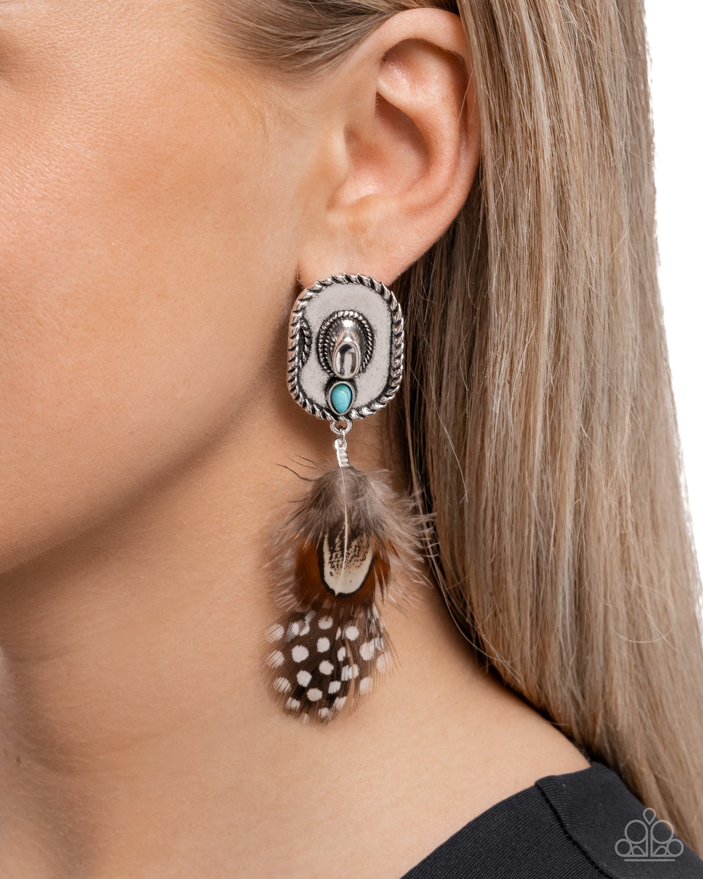 Feathered Fairy Tale - Silver Cowboy Hat w/Brown Feathers Earrings