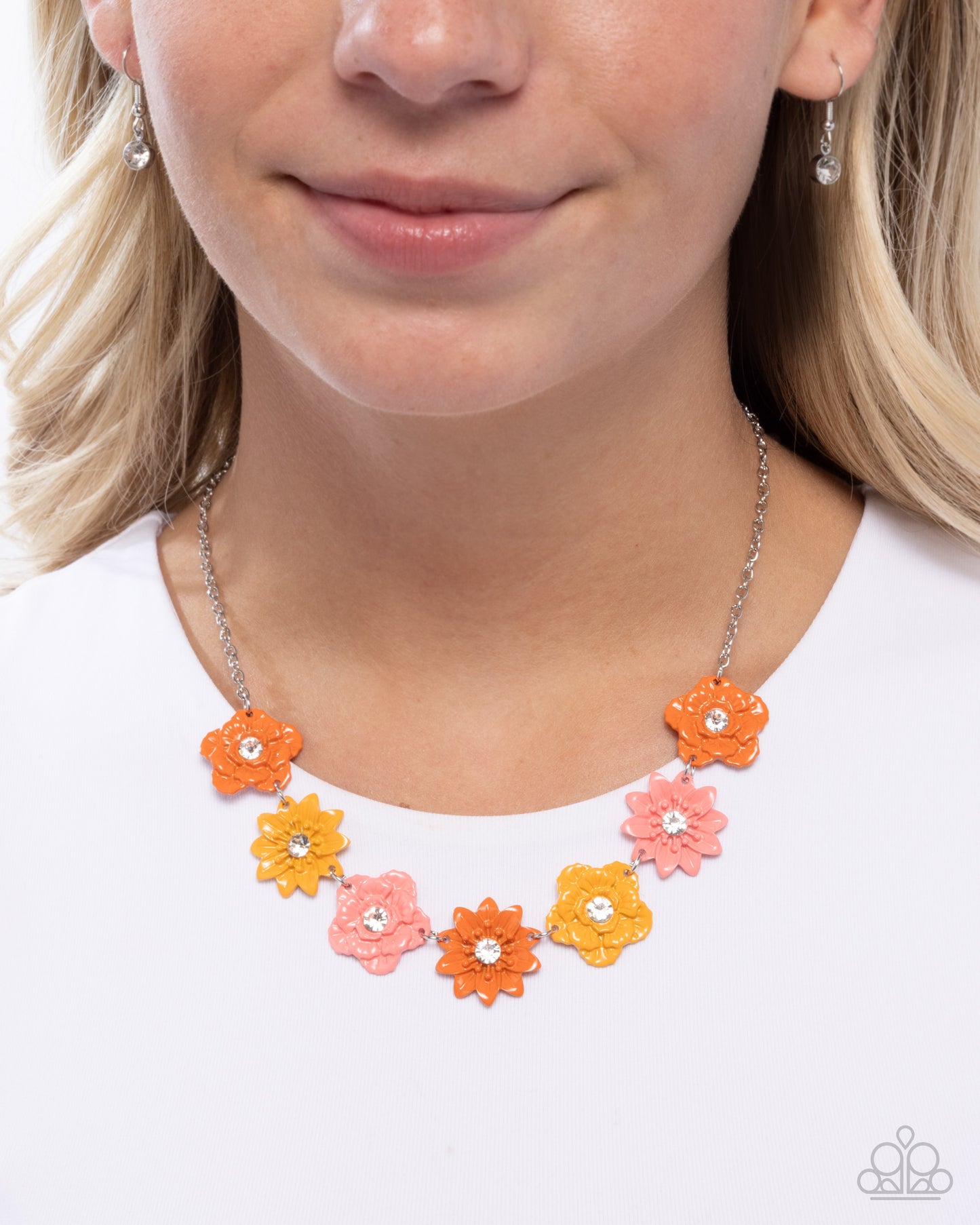 Frenetic Florals - Silver w/Orange & Yellow Flowers Necklace