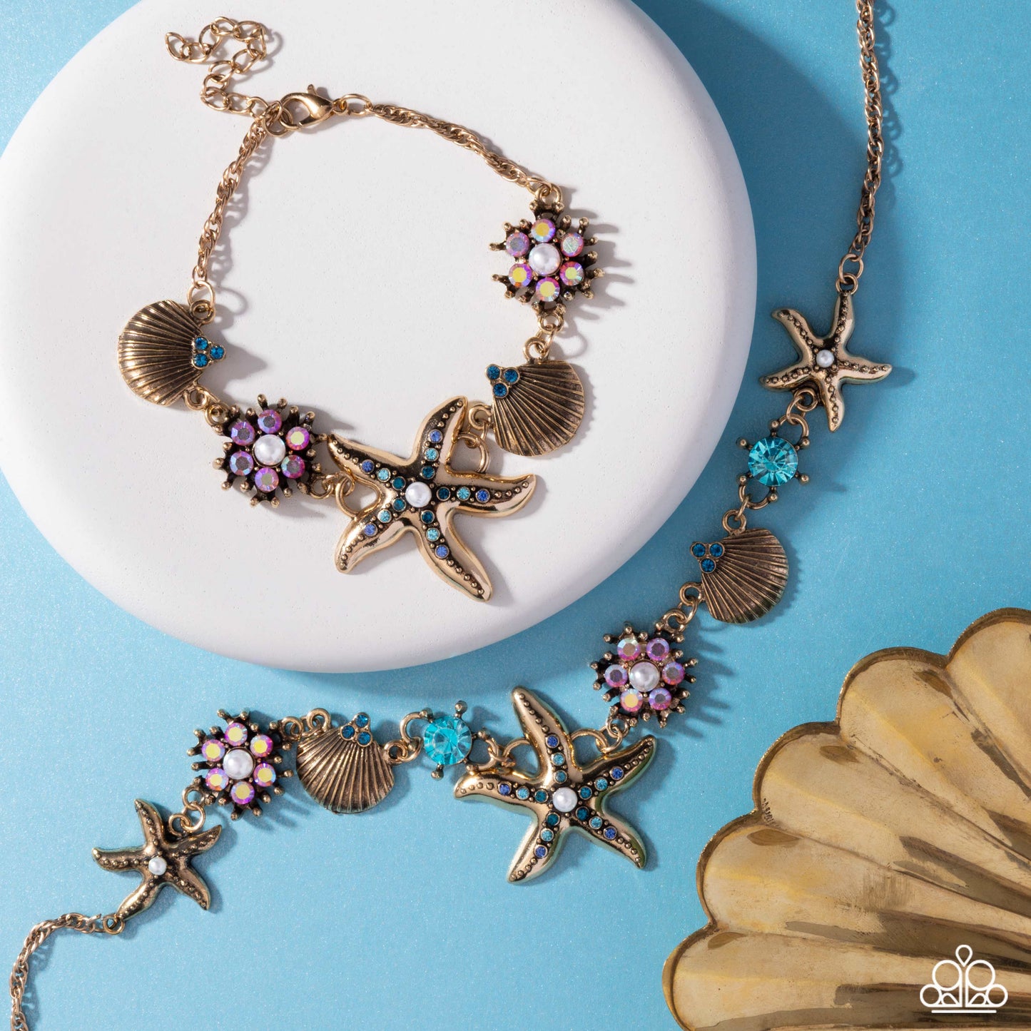 Complete Look - Starfish Song Set - Gold w/Multi Gems Necklace & Bracelet
