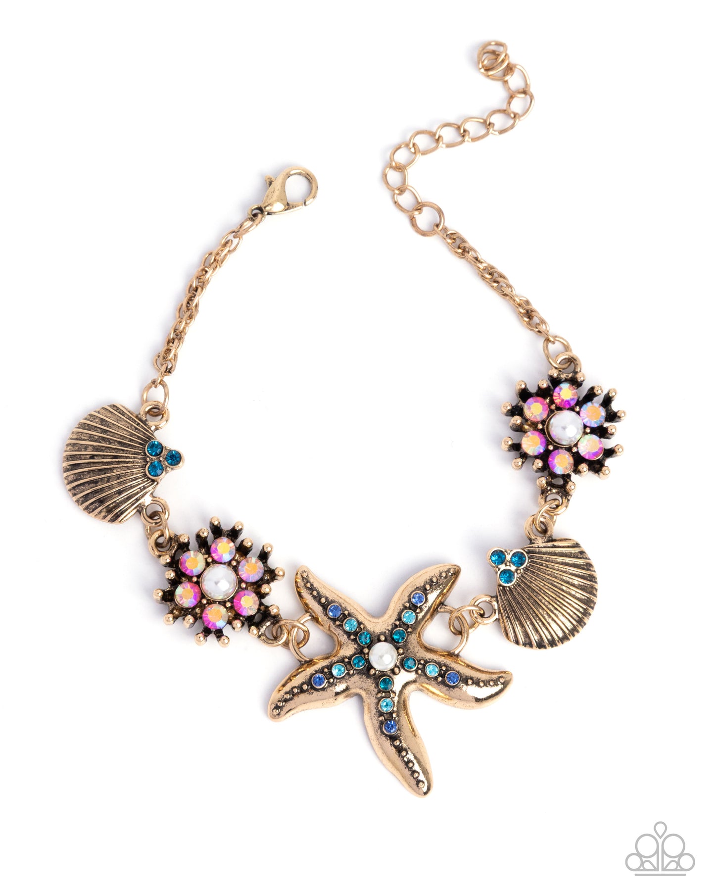 Complete Look - Starfish Song Set - Gold w/Multi Gems Necklace & Bracelet