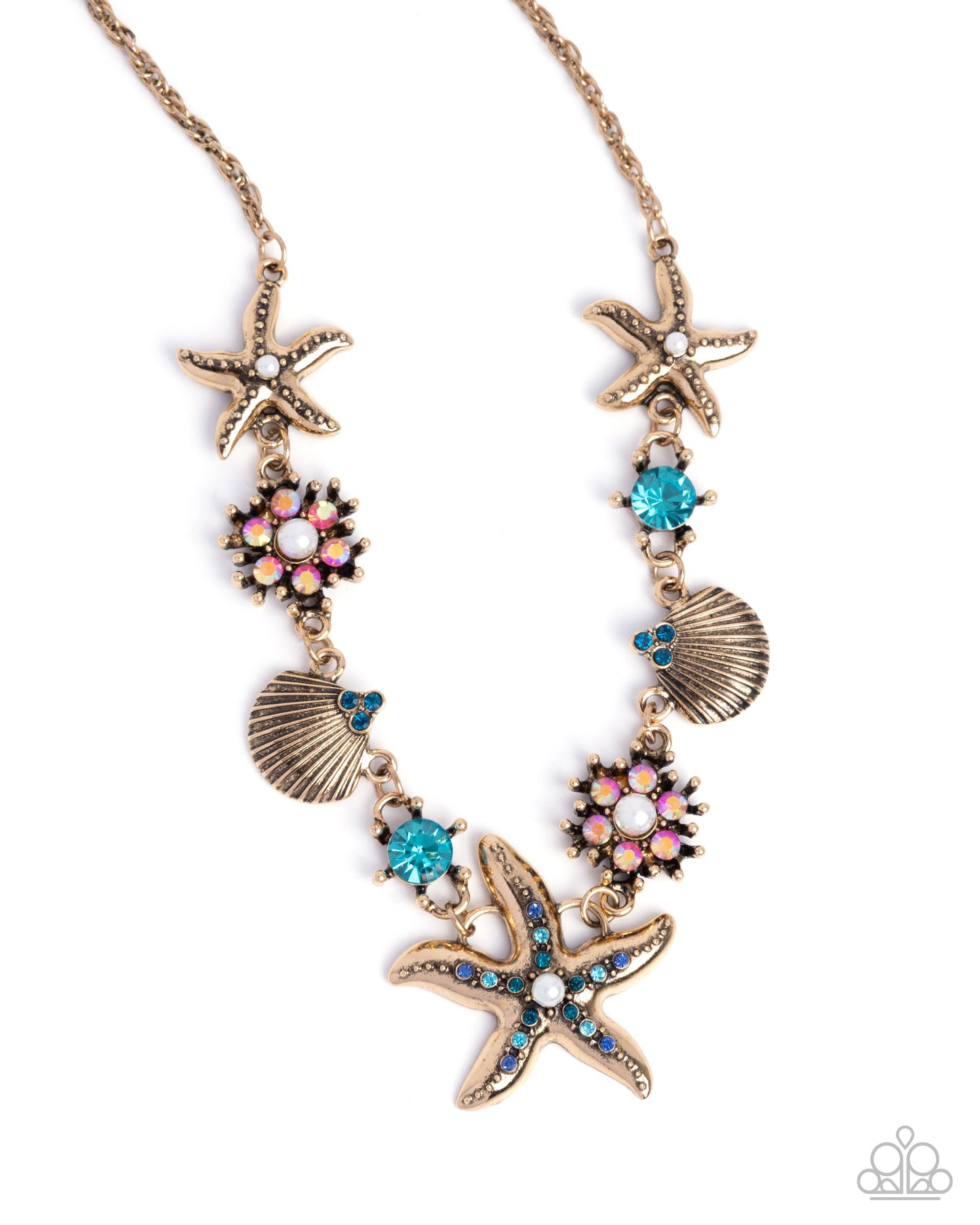 Complete Look - Starfish Song Set - Gold w/Multi Gems Necklace & Bracelet