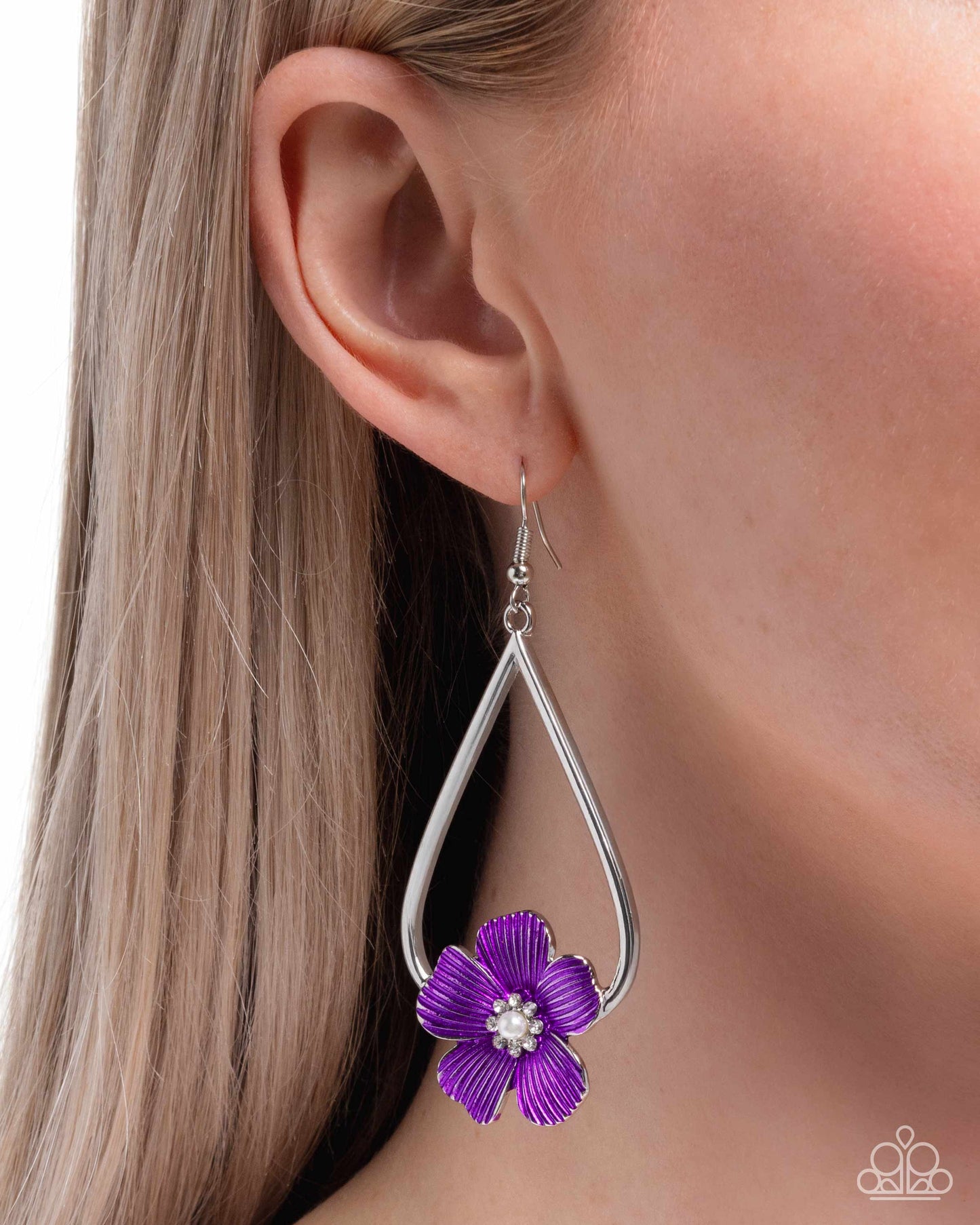 Tropical Teardrop - Silver w/Purple Flower Earring