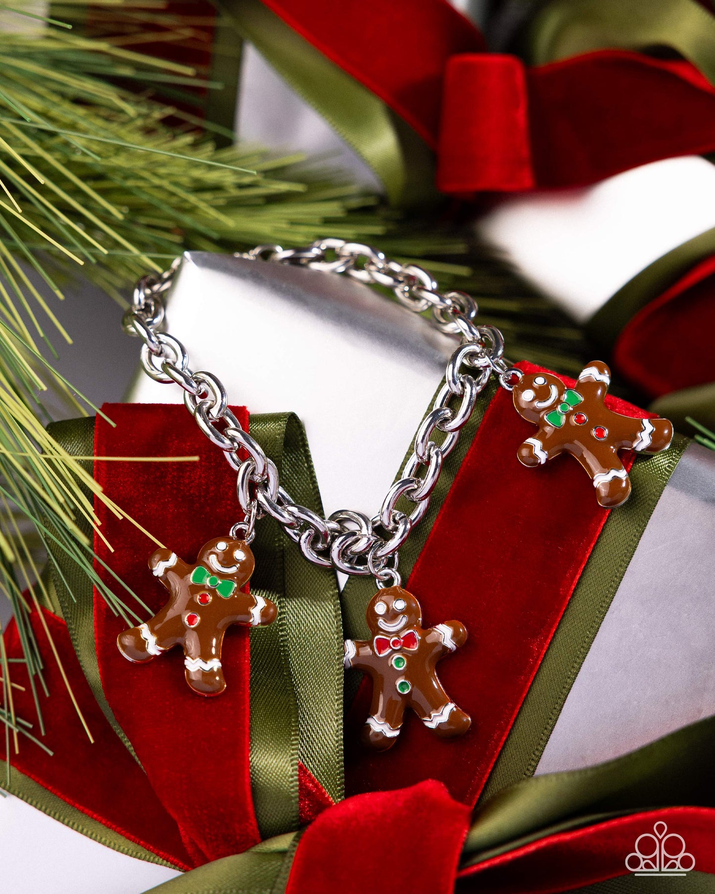 Gingerbread Glitz - Silver w/Brown Gingerbread men Bracelet