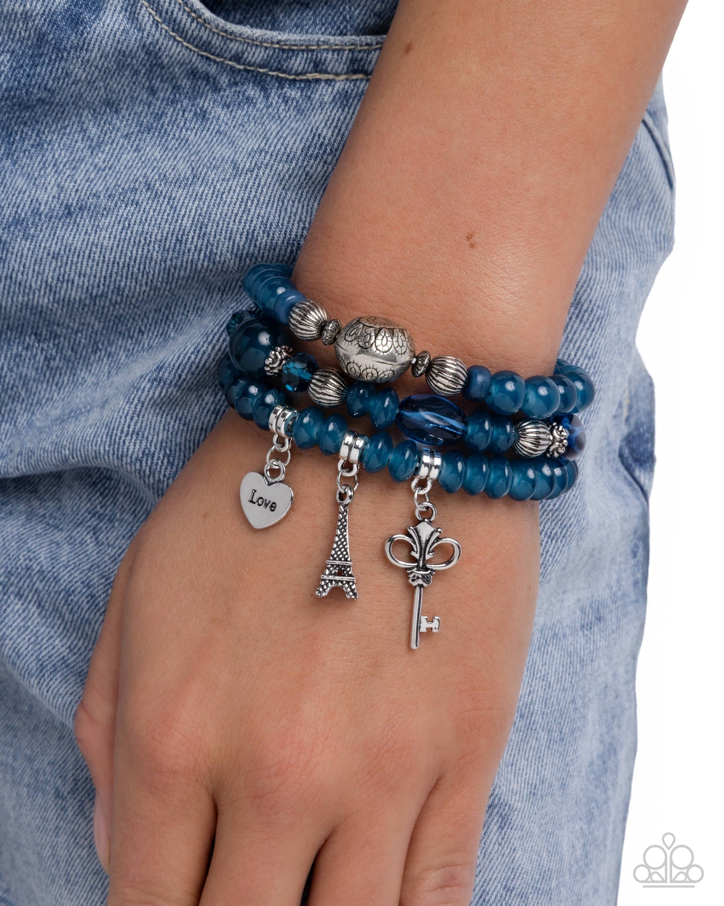 French Chic - Blue Bracelet w/Charms - Heart w/Love, Eiffel Tower, Vintage Key