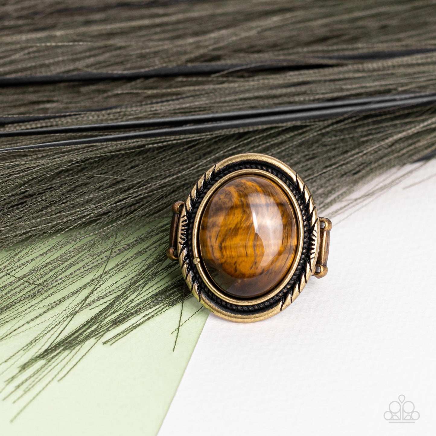 Stone Terrarium - Brass Ring with a glassy tiger's eye stone