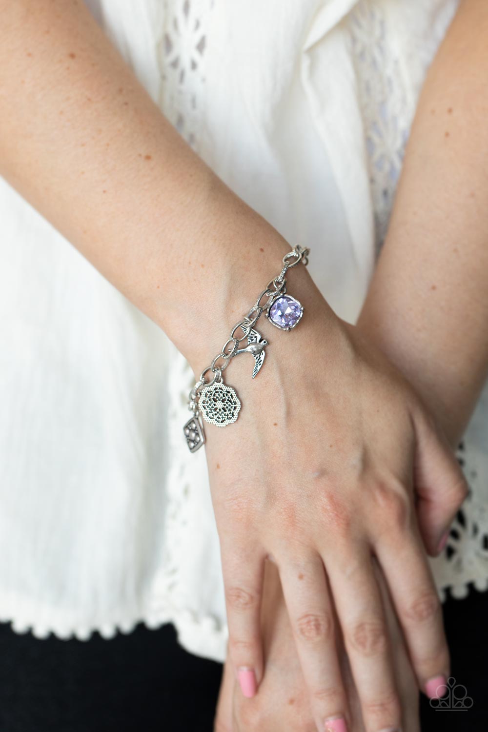 Fancifully Flighty - Silver with Charms & Purple Gems Bracelet