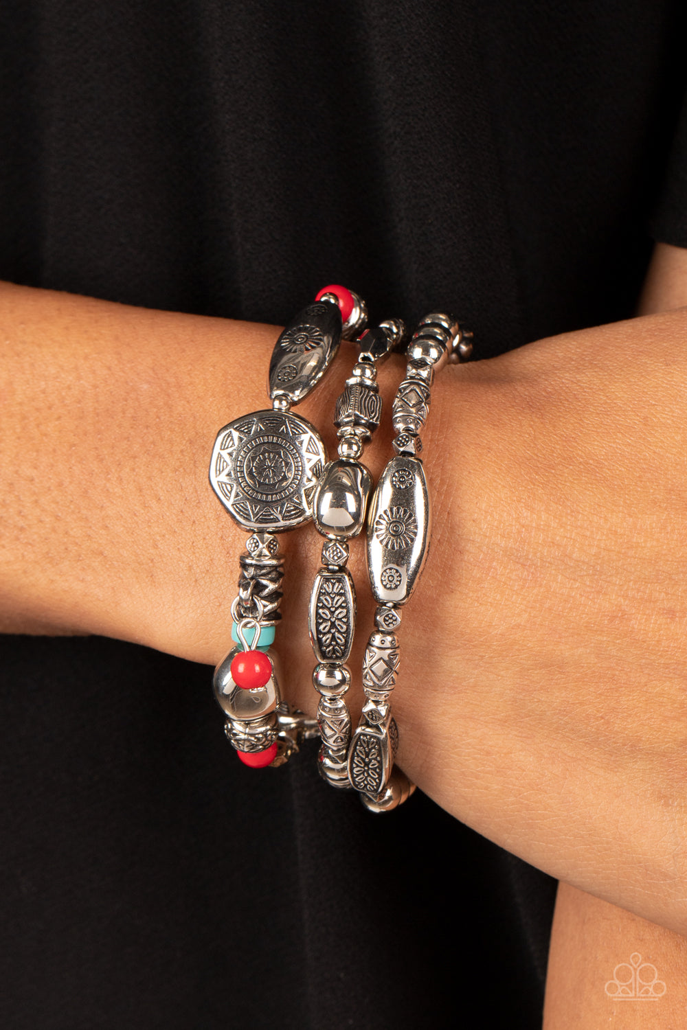 Western Quest - Silver w/Turquoise & Red Bracelet