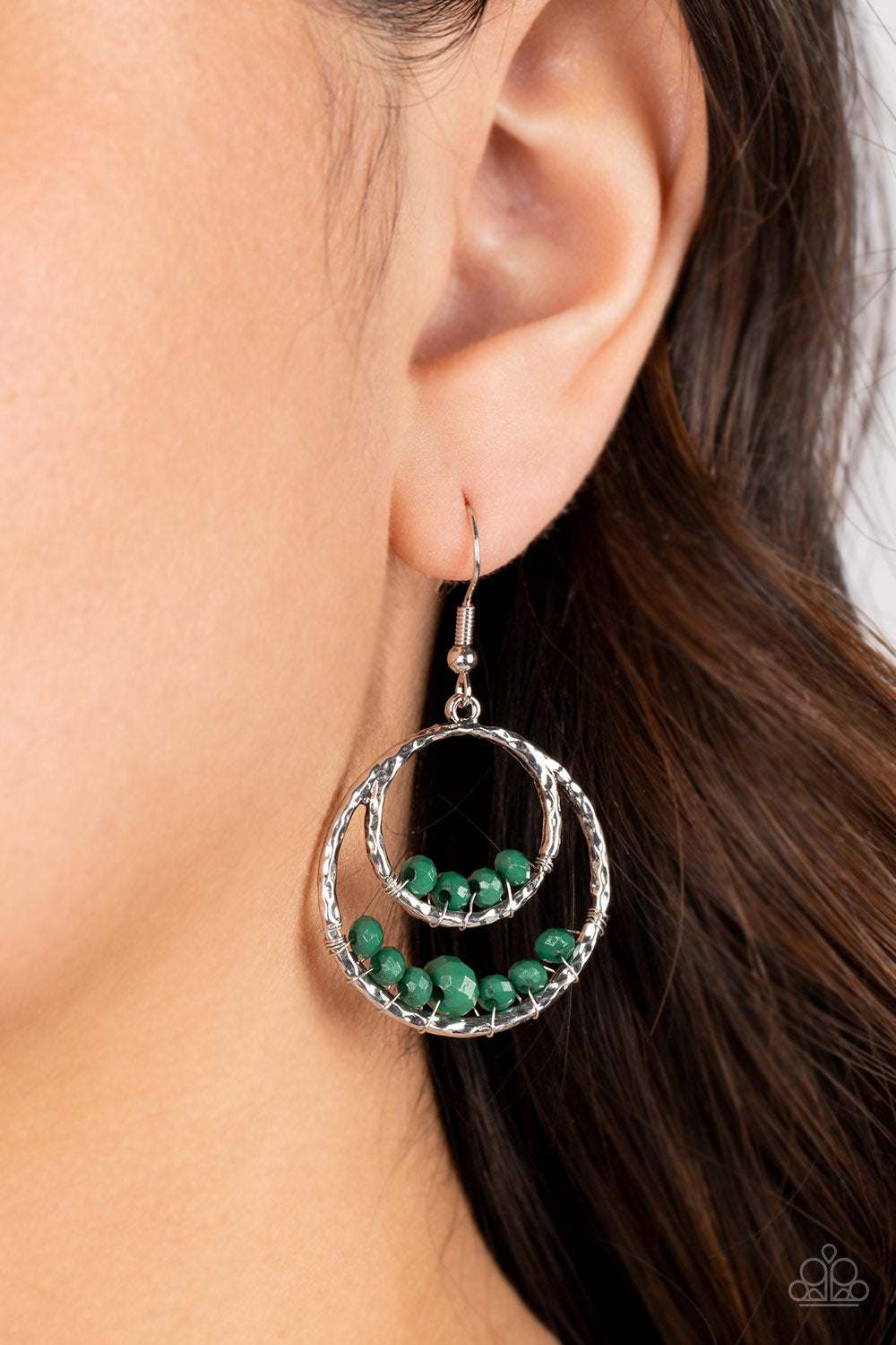 Bustling Beads - Silver with Green Earrings