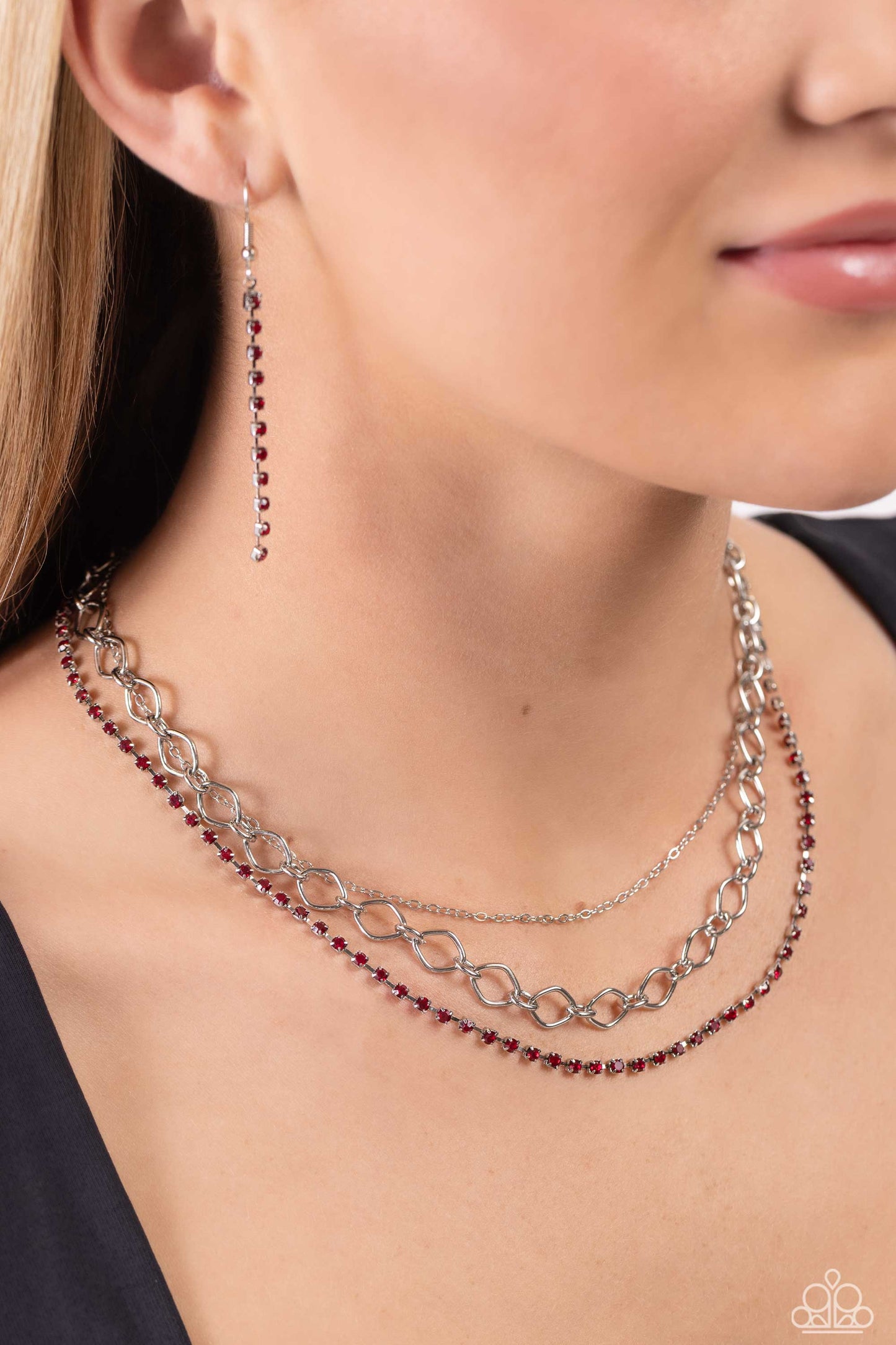 Tasteful Tiers Necklace - Silver w/Red Gems