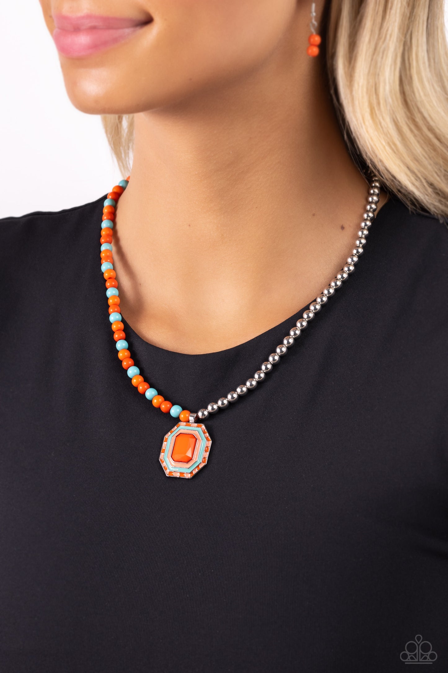 Contrasting Candy Necklace - Silver w/Orange & Turquoise Stone