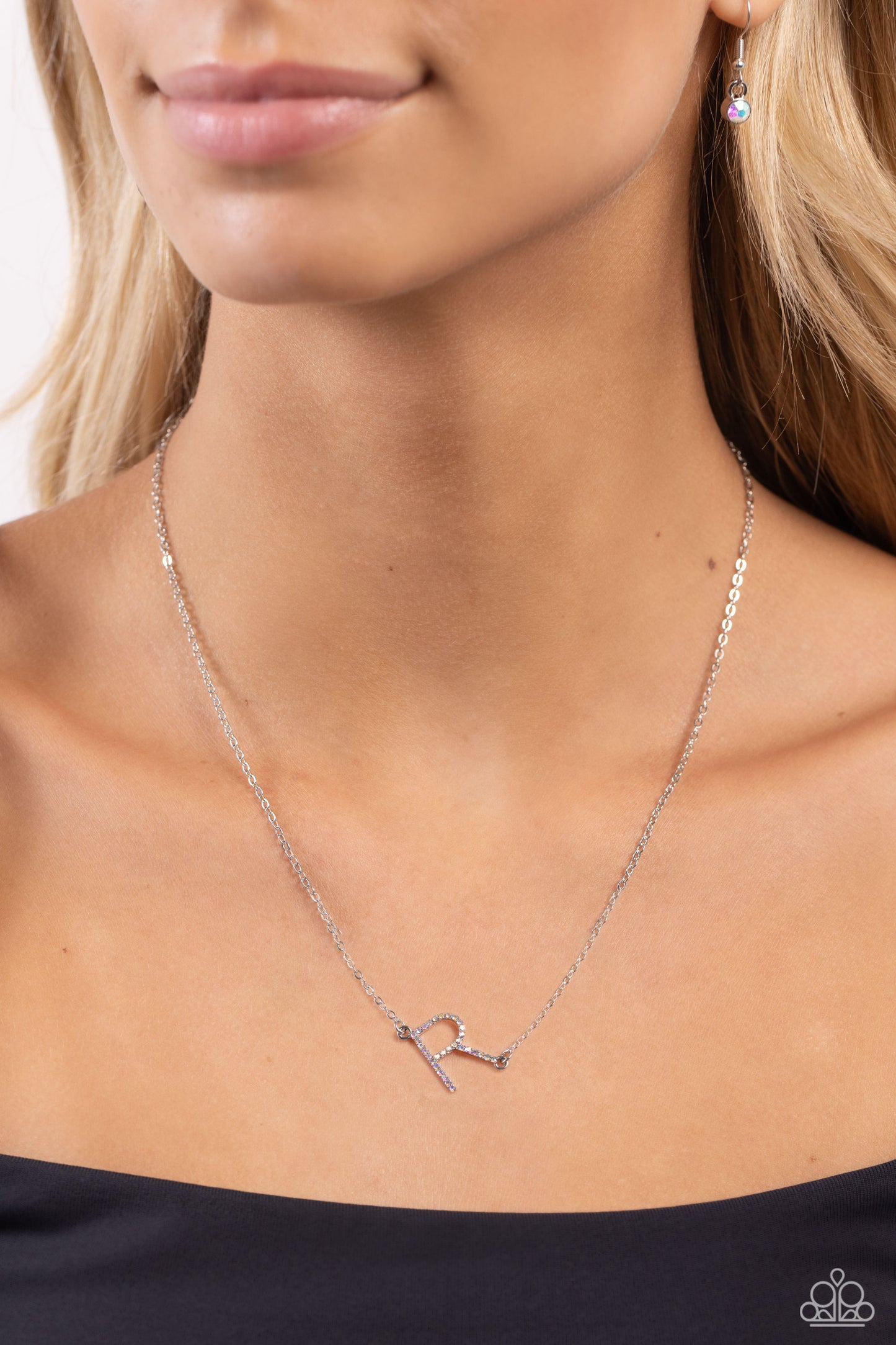 INITIALLY Yours Necklace- R - Silver w/iridescent rhinestones