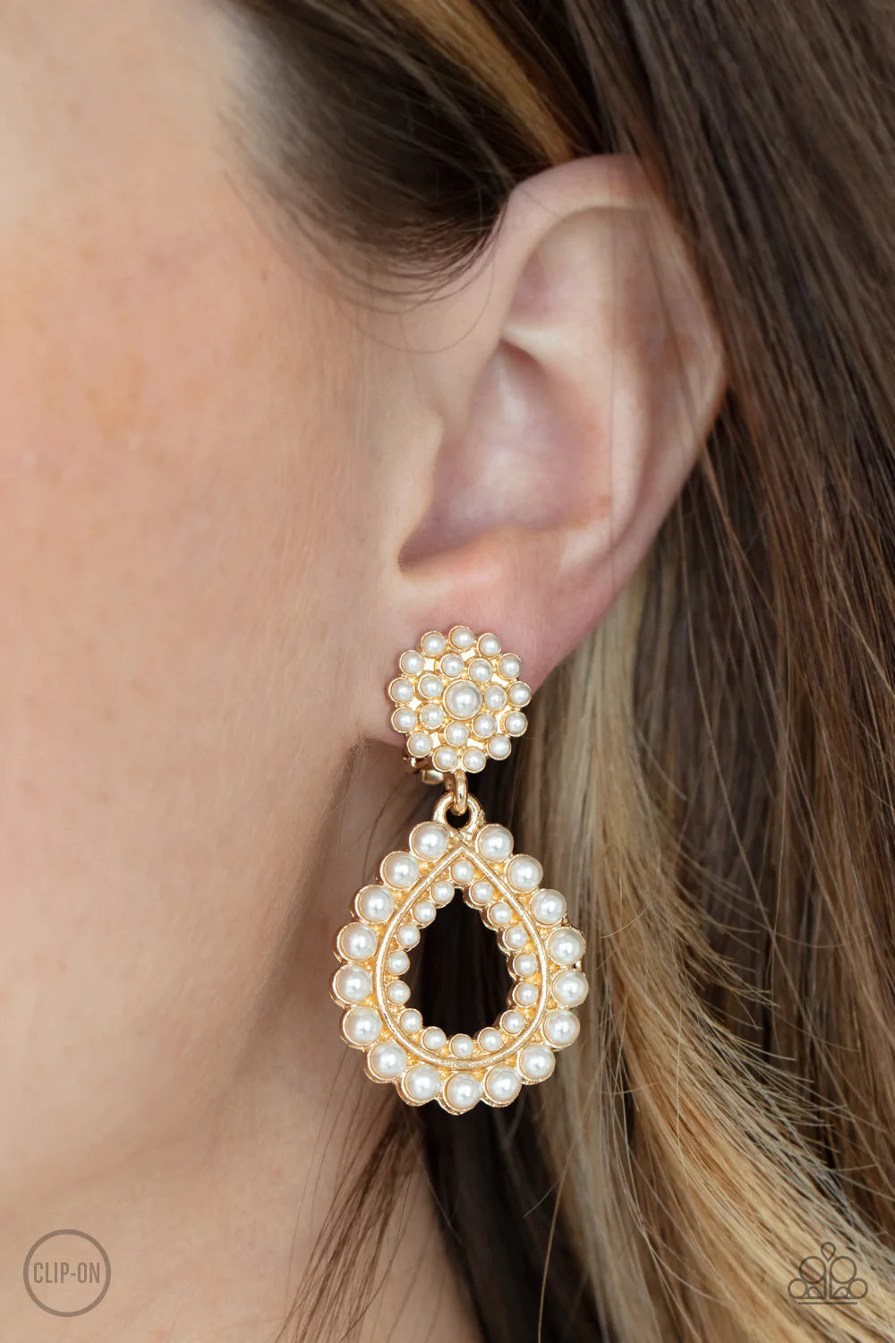 Discerning Droplets Gold and Pearls Clip-on Earrings - Paparazzi Accessories