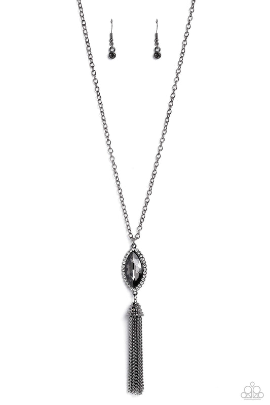 Tassel Tabloid Necklace - Silver w/Black