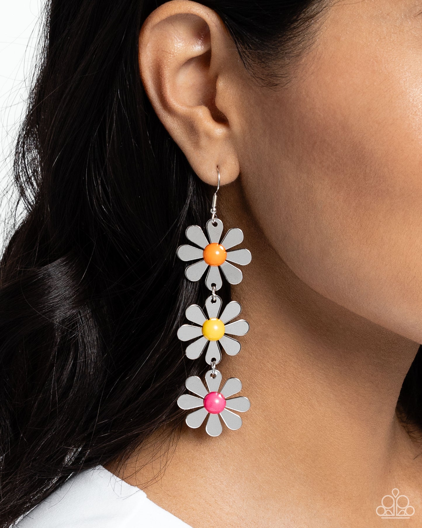Daisy Dame - Silver w/Yellow-Orange-Pink Earrings