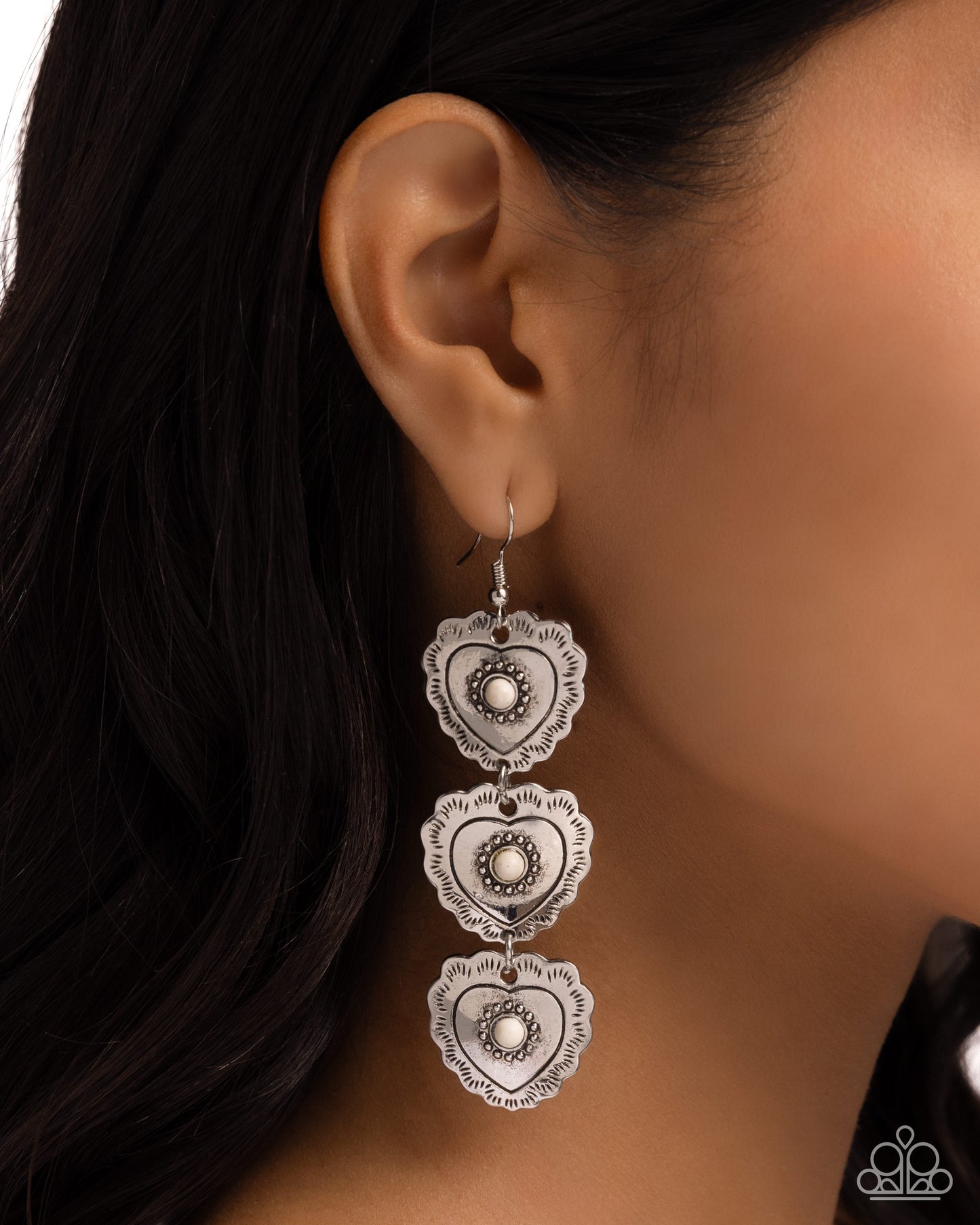 Vintage Allure - Silver Heart Off-White Stone Earrings