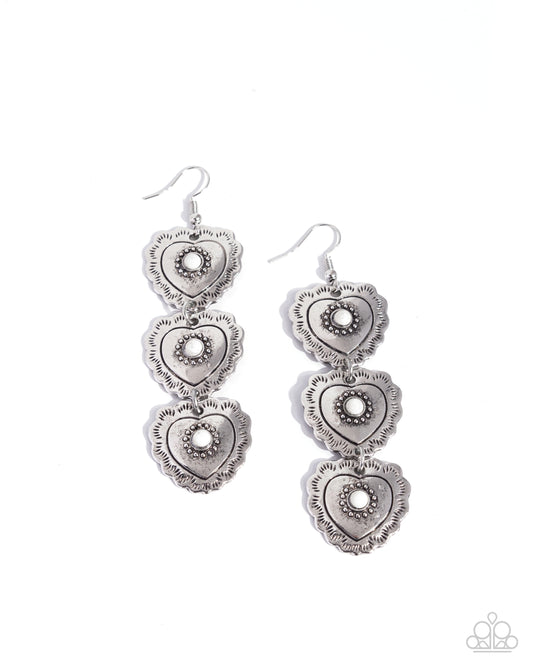 Vintage Allure - Silver Heart Off-White Stone Earrings