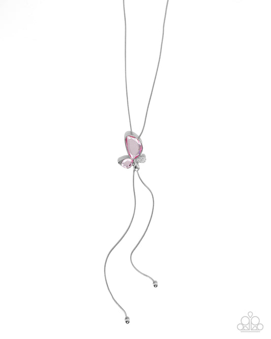 Focused Flutter - Silver w/Pink Butterfly Bolo Necklace