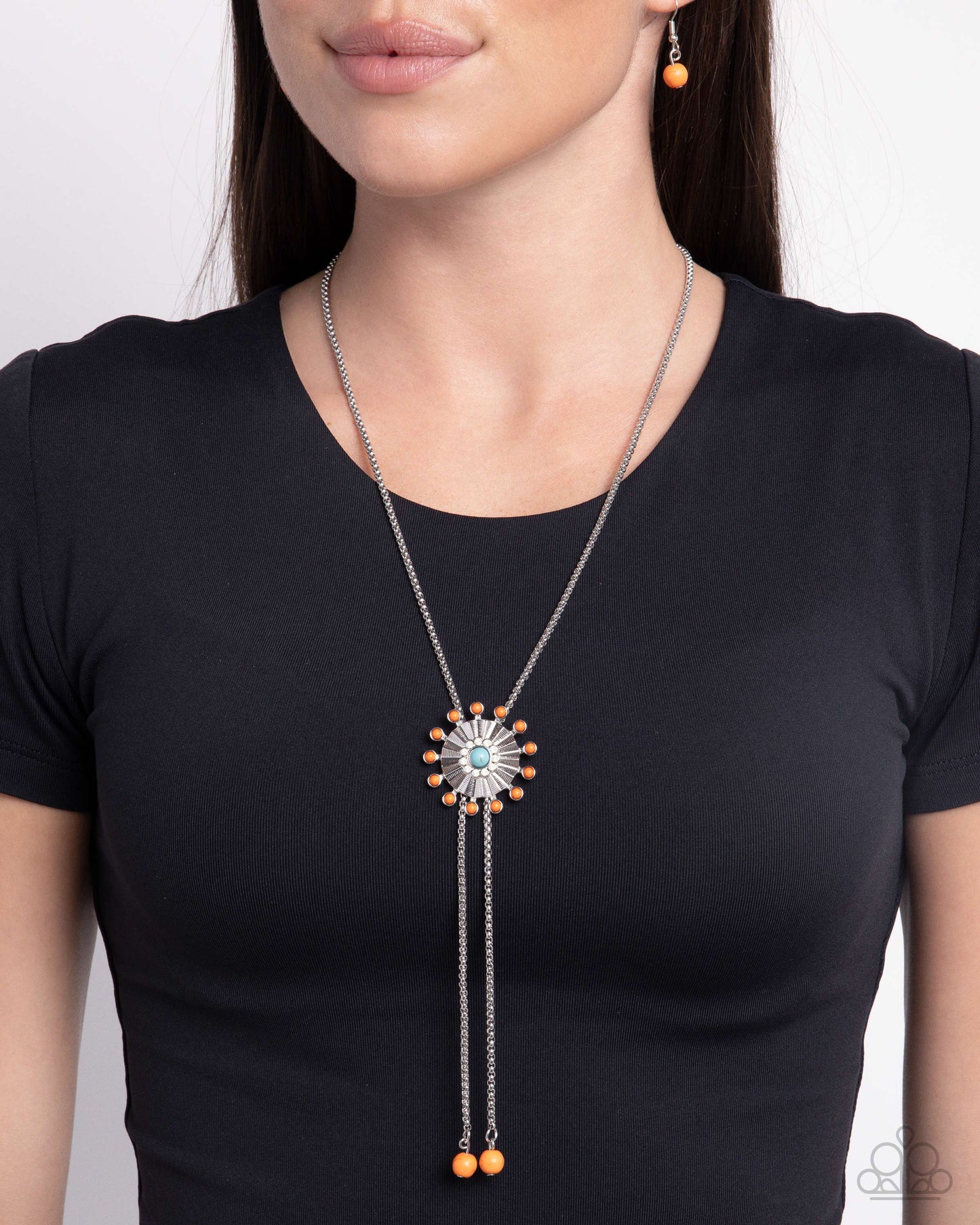 Desert Dalliance - Silver w/Orange & Turquoise Bolo Necklace