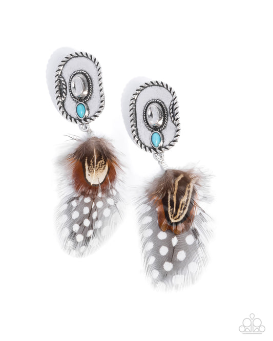 Feathered Fairy Tale -  Silver Cowboy Hat w/Brown Feathers Earrings