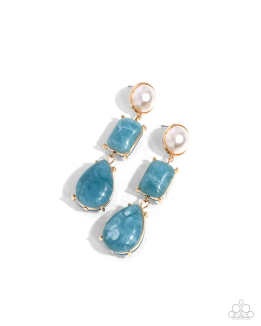 Marbled Masterpiece - Gold w/Turquoise Blue & Pearl Earrings