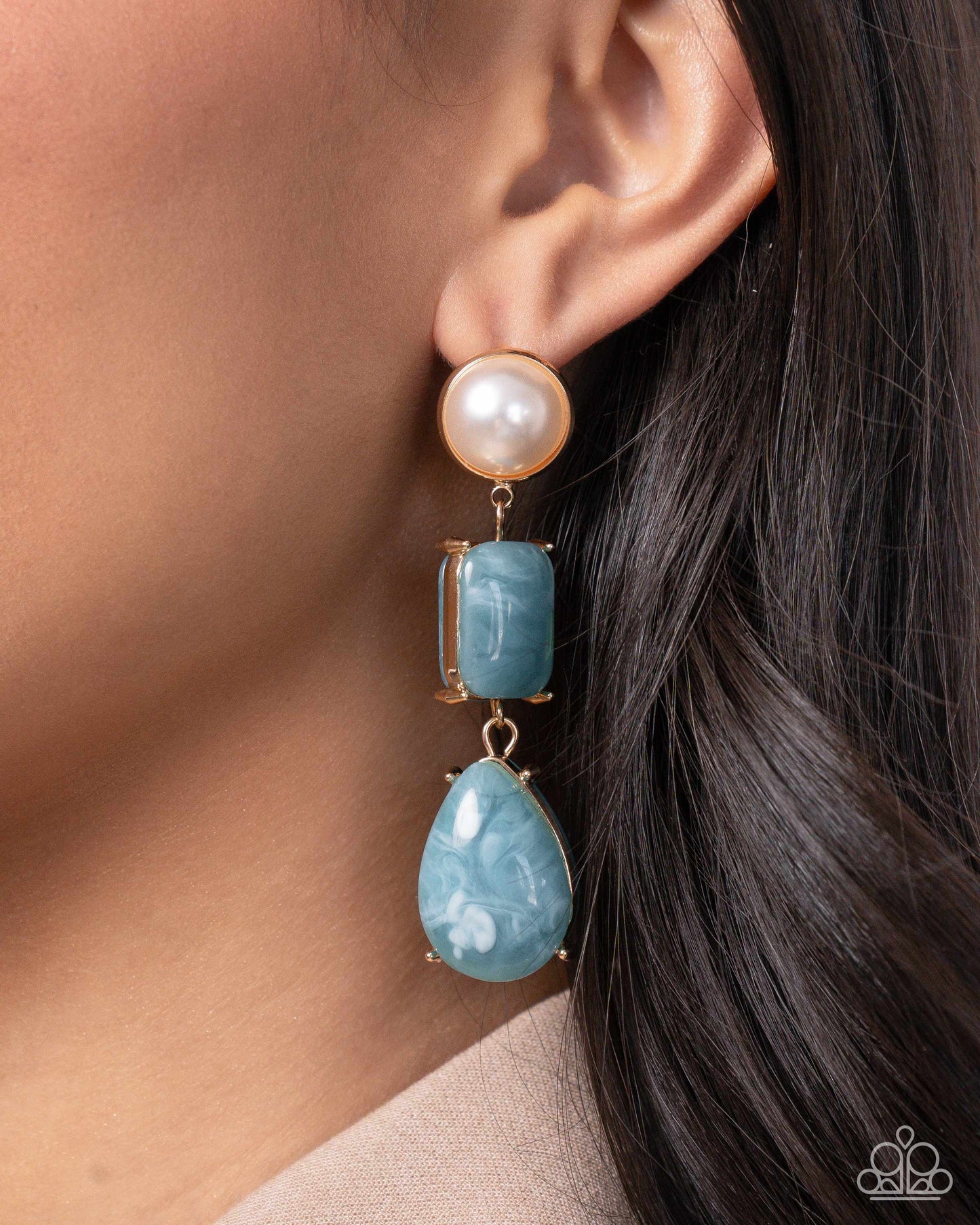 Marbled Masterpiece - Gold w/Turquoise Blue & Pearl Earrings