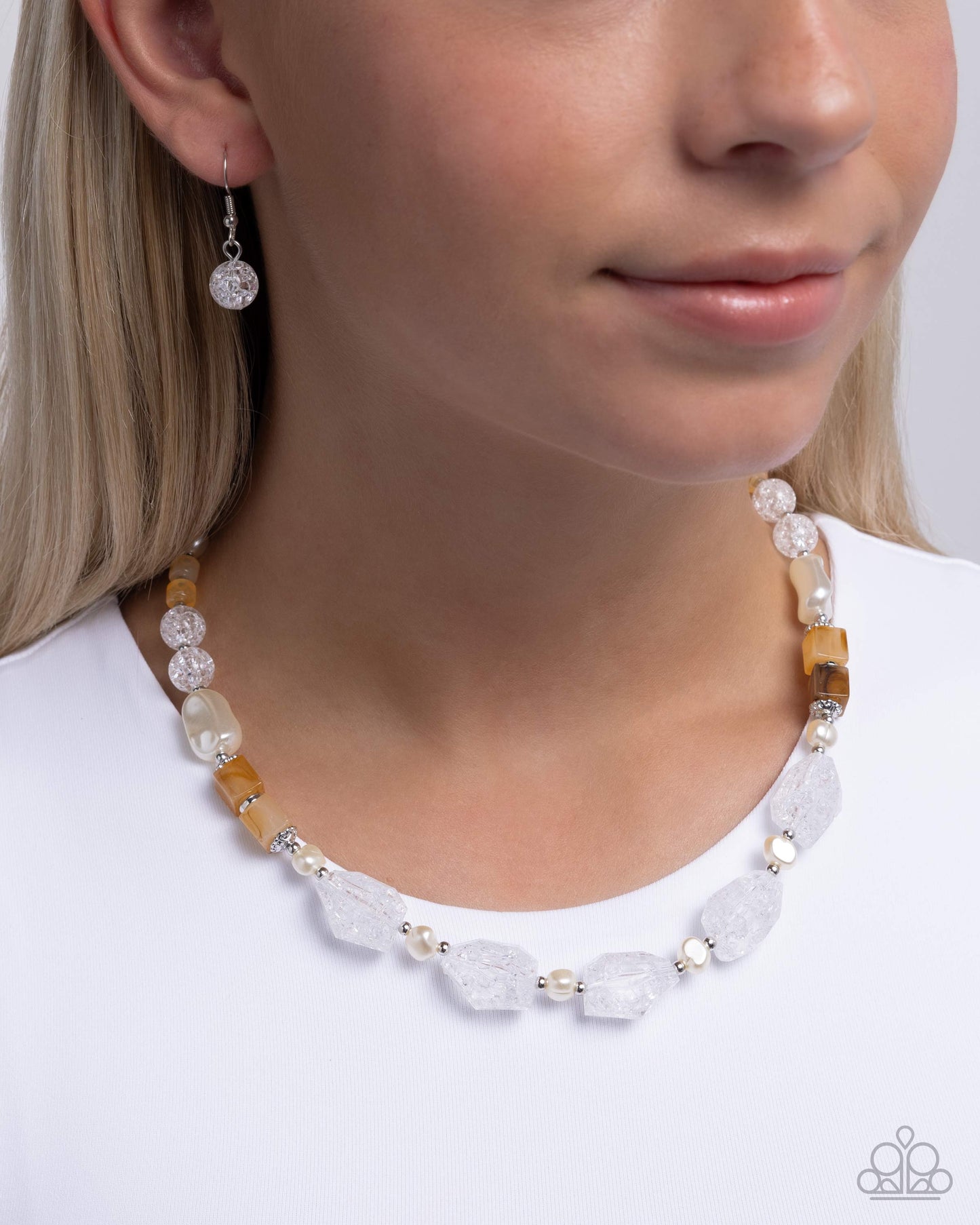 Crackling Chic - White w/brown & amber beads Necklace