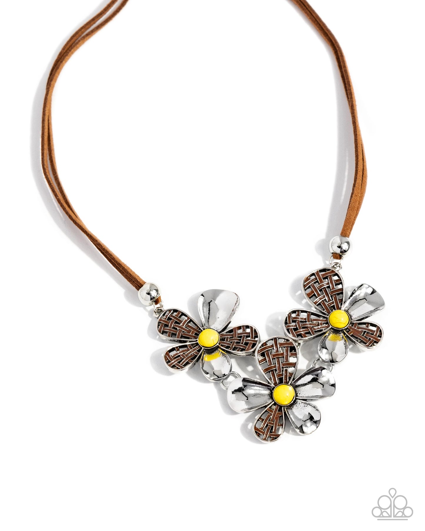 Woven Welcome - Brown Suede w/Brown & Yellow Flowers Necklace