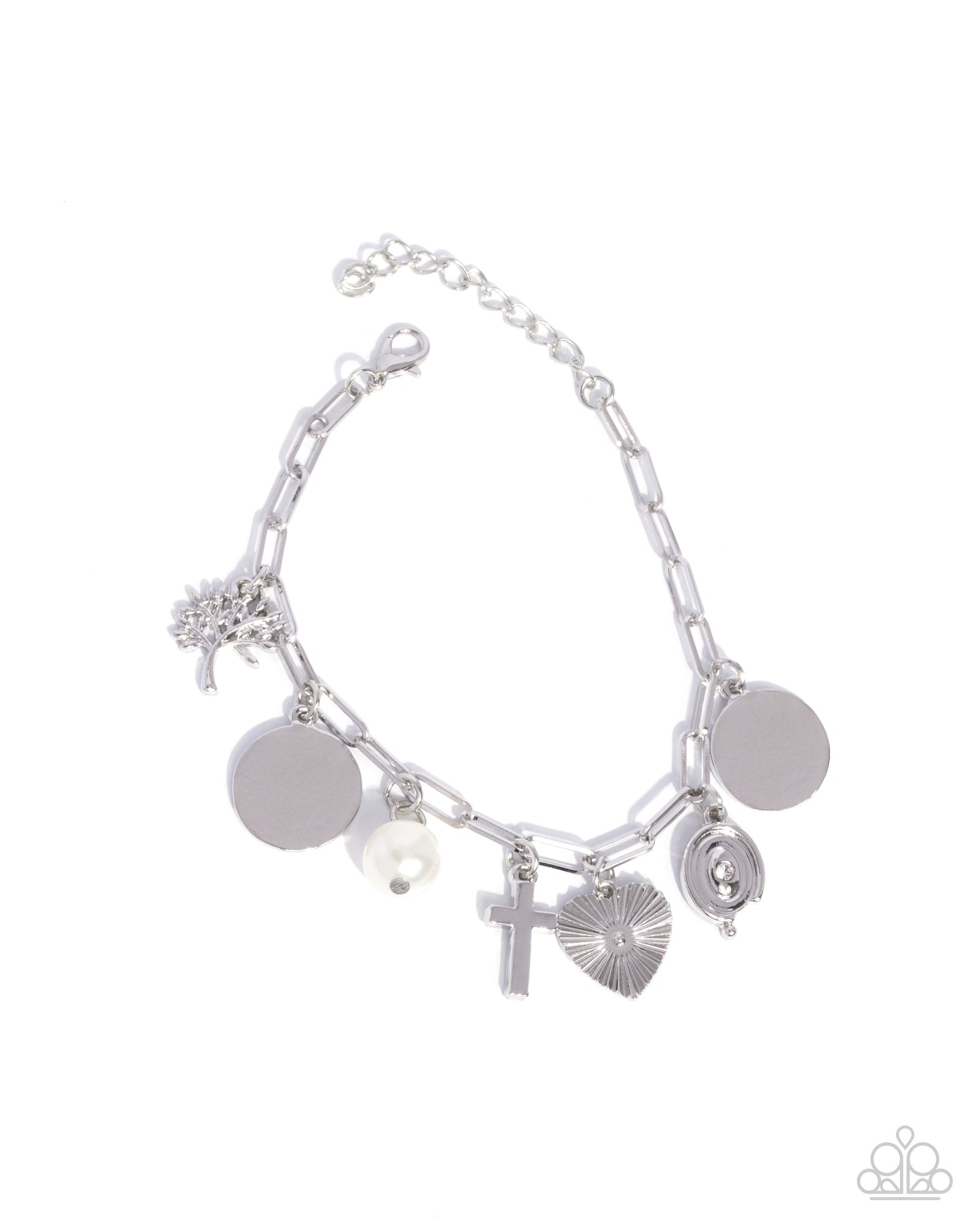 Charm Commitment -Silver w/White Pearl, Cross, Heart Bracelet