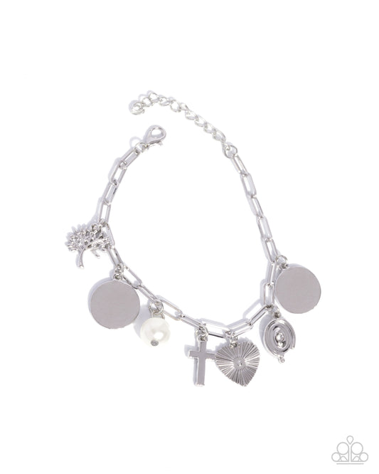 Charm Commitment -Silver w/White Pearl, Cross, Heart Bracelet