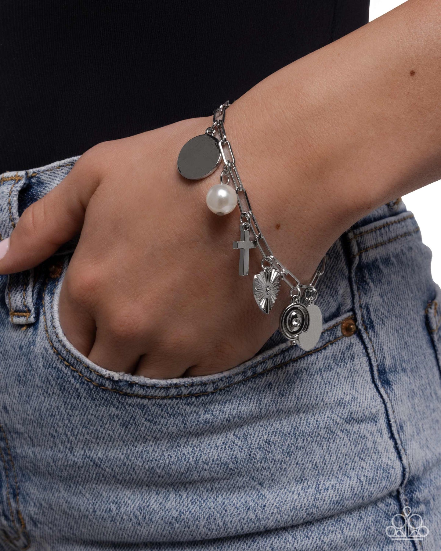 Charm Commitment -Silver w/White Pearl, Cross, Heart Bracelet