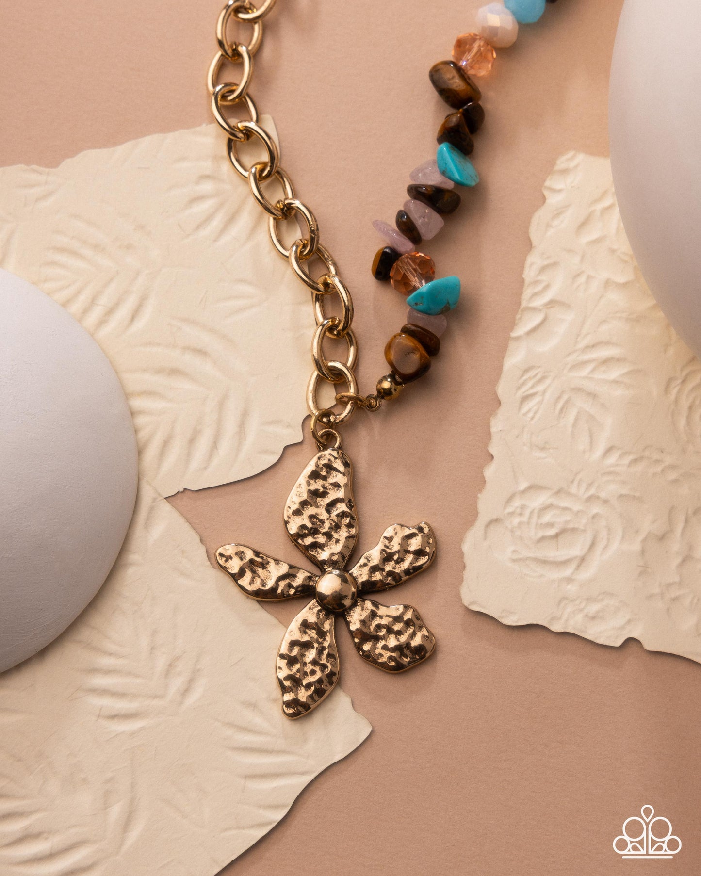 Floral Feint - Gold w/Brown & Turquoise Necklace