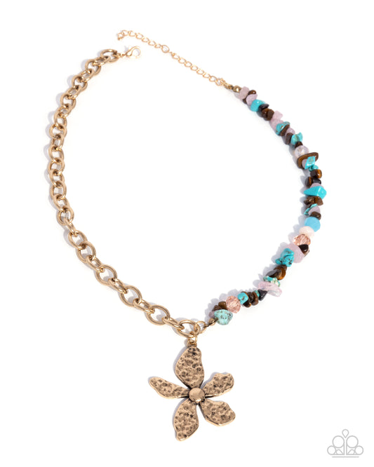 Floral Feint - Gold w/Brown & Turquoise Necklace