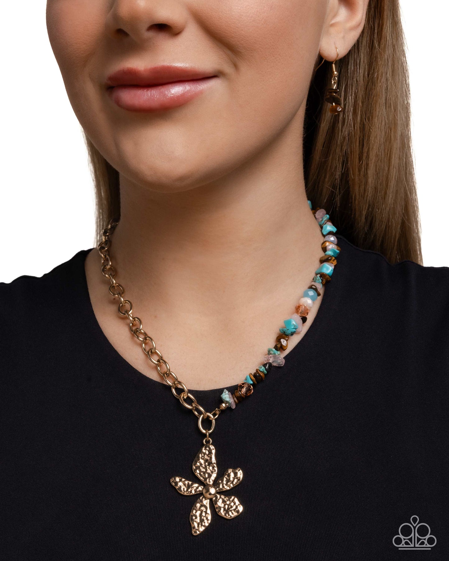 Floral Feint - Gold w/Brown & Turquoise Necklace