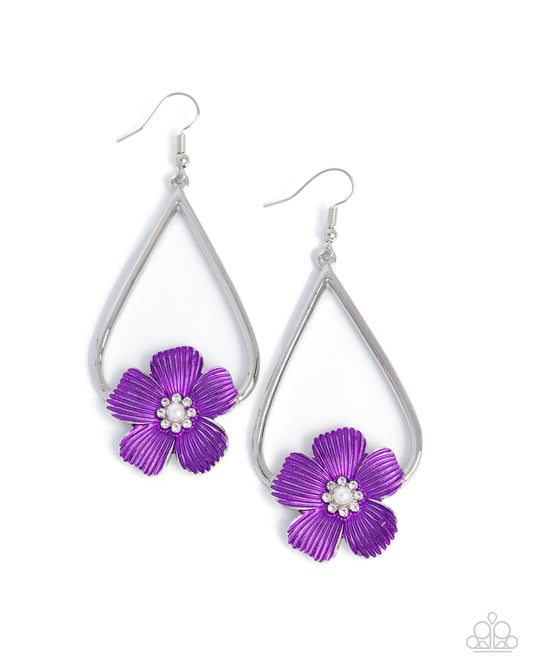 Tropical Teardrop - Silver w/Purple Flower Earring