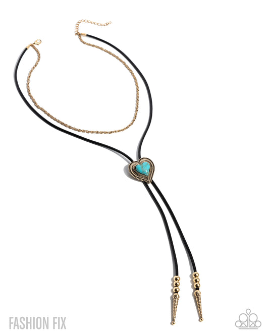 Courting Cowboy - Gold Turquoise Heart Stone Bolo Necklace