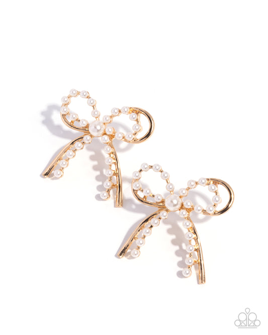 Girly Get Together - Gold & Pearl Bow Earrings