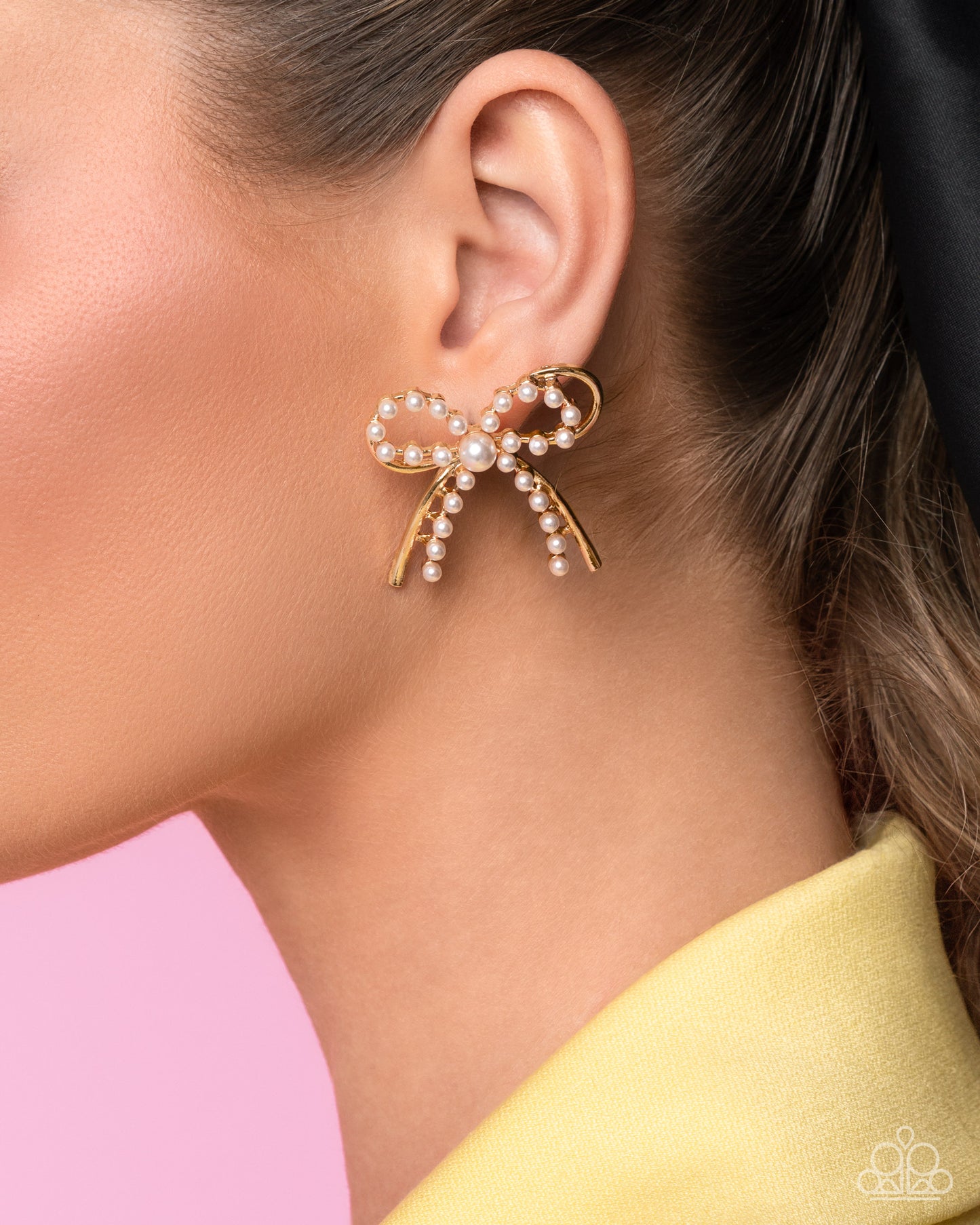Girly Get Together - Gold & Pearl Bow Earrings