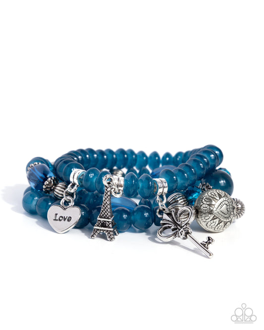 French Chic - Blue Bracelet w/Charms - Heart w/Love, Eiffel Tower, Vintage Key
