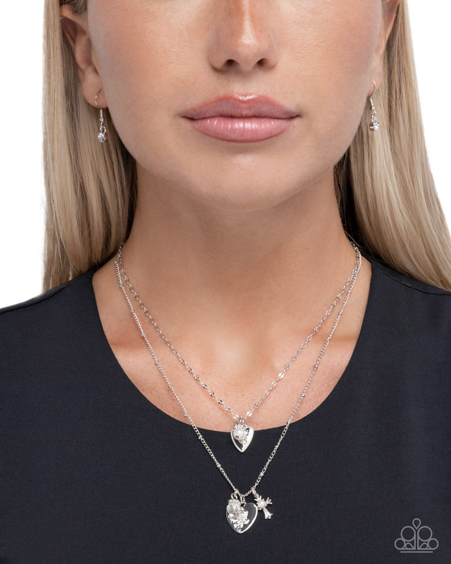 Supernal Shimmer - Silver Cross - Heart - Pearl charms Necklace