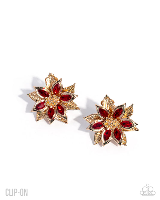 Perceptive Poinsettia - Gold w/Red Clip-on Earrings