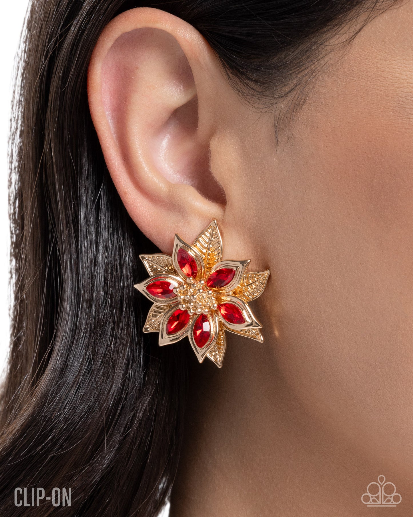 Perceptive Poinsettia - Gold w/Red Clip-on Earrings