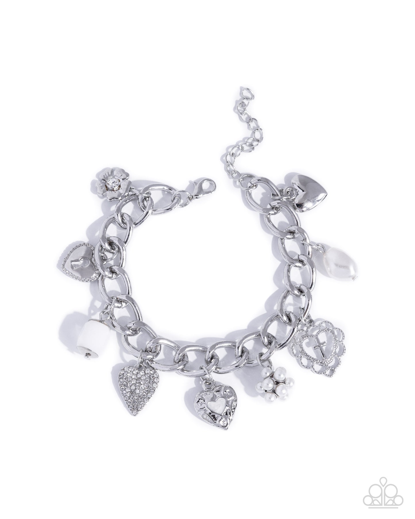 Celestial Court - Silver w/White Charm Bracelet - Cross, Hearts, Bead