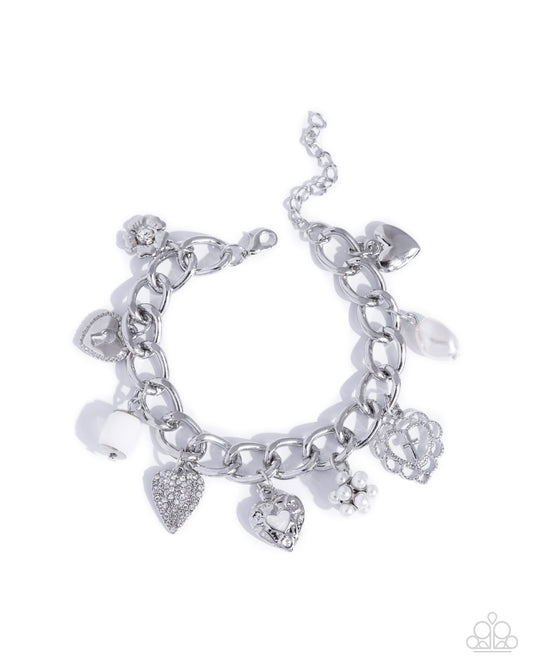 Celestial Court - Silver w/White Charm Bracelet - Cross, Hearts, Bead