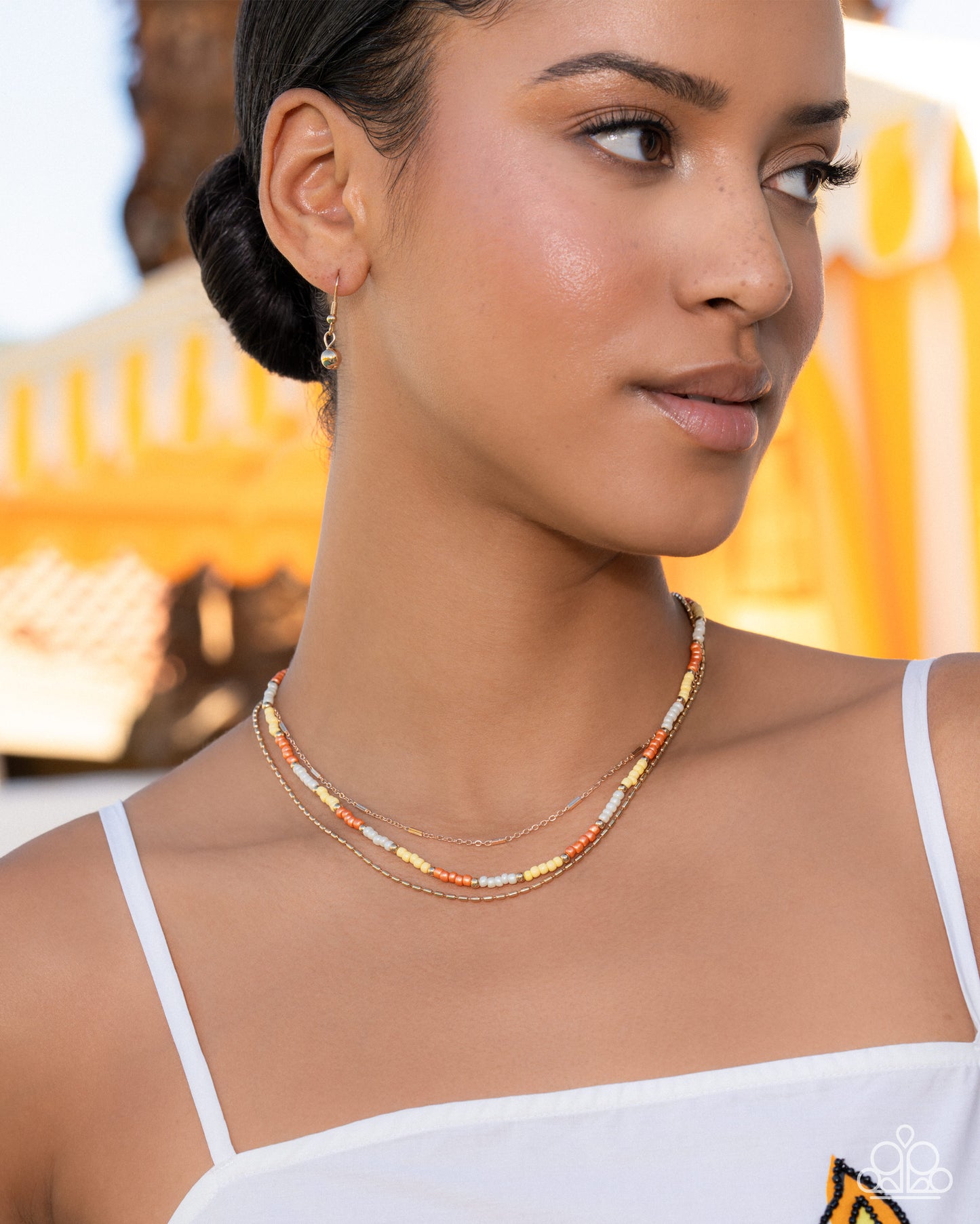Glossy Generosity - Gold w/Yellow-White-Orange Necklace