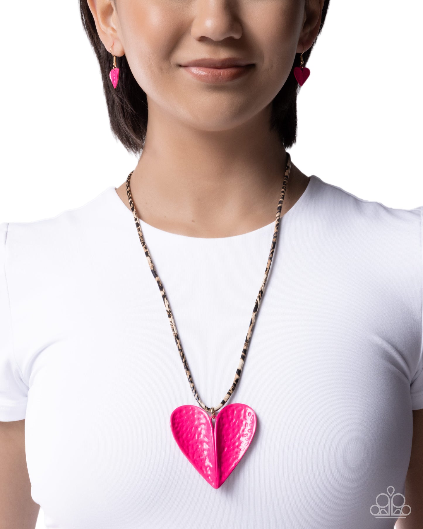 Cupid Craze - Leopard-Printed Cord w/Pink Heart Necklace